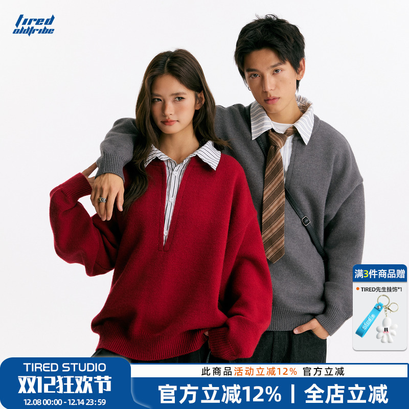 TIRED美式简约假两件套头针织衫