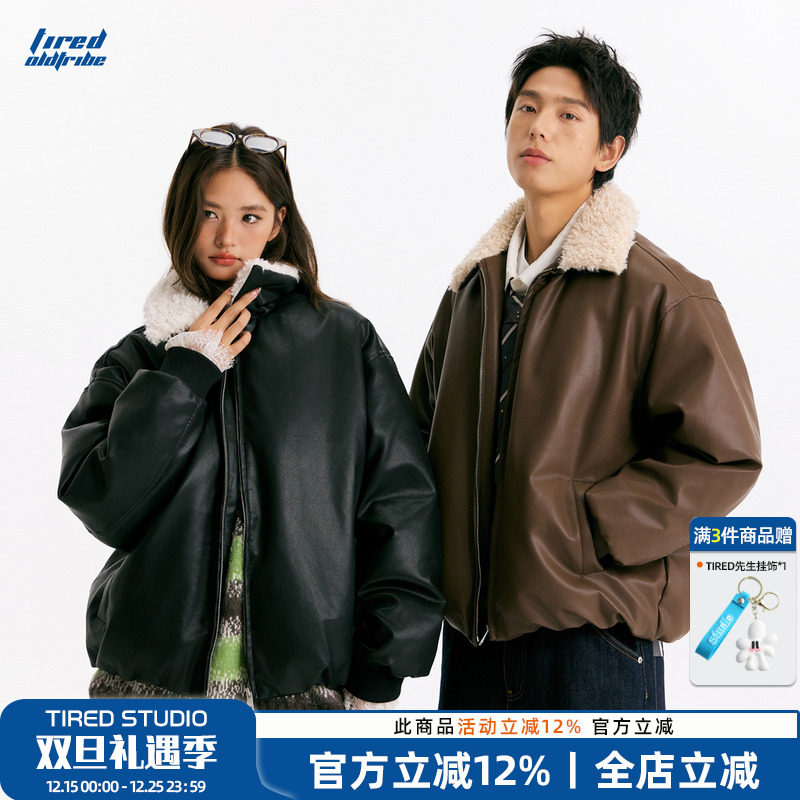 TIRED美式PU皮衣夹棉厚外套棉衣