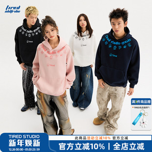 休闲上衣 长袖 TIRED设计感印花连帽卫衣情侣款 oversize加绒套头衫