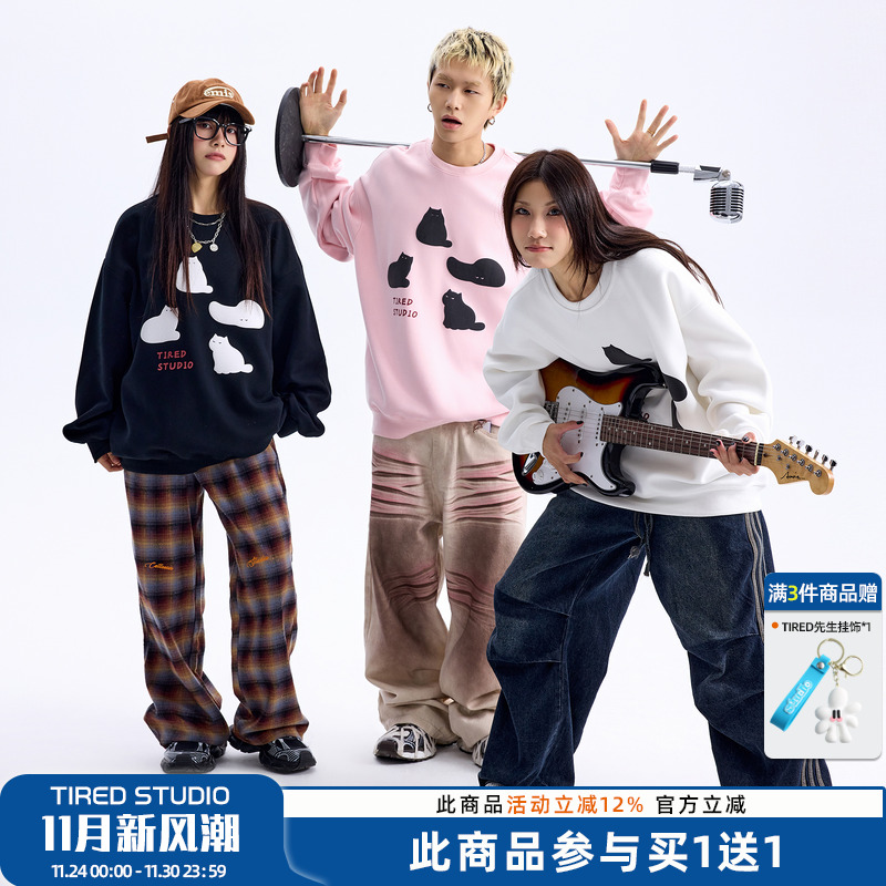 印花TIRED宽松圆领卫衣