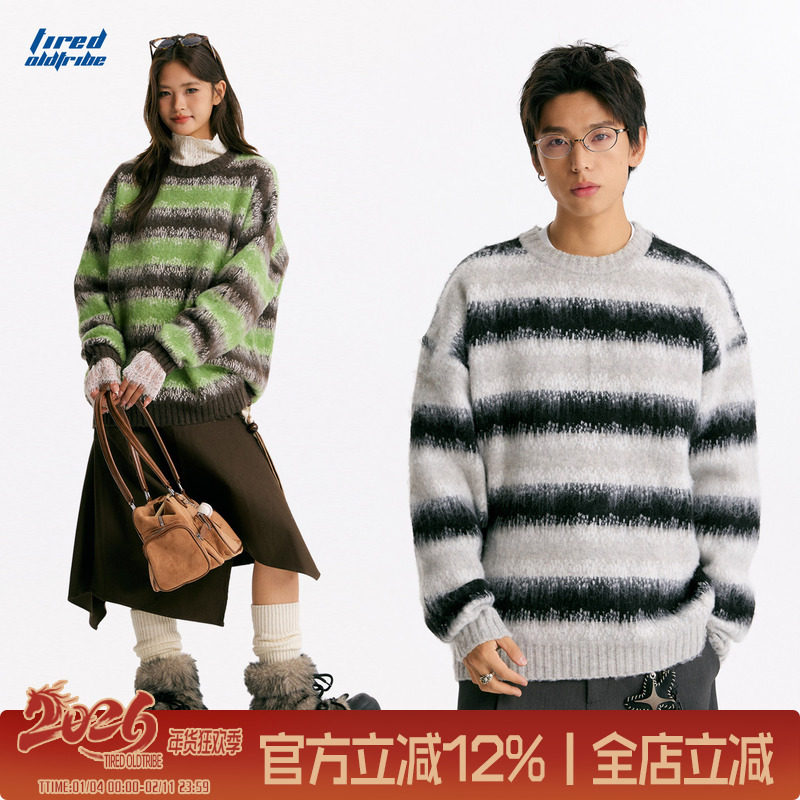 TIRED美式复古拼色条纹毛衣男女秋冬季情侣慵懒风针织衫百搭上衣,男装,针织衫/毛衣,淘宝优惠券,粉丝福利购,淘宝优惠卷