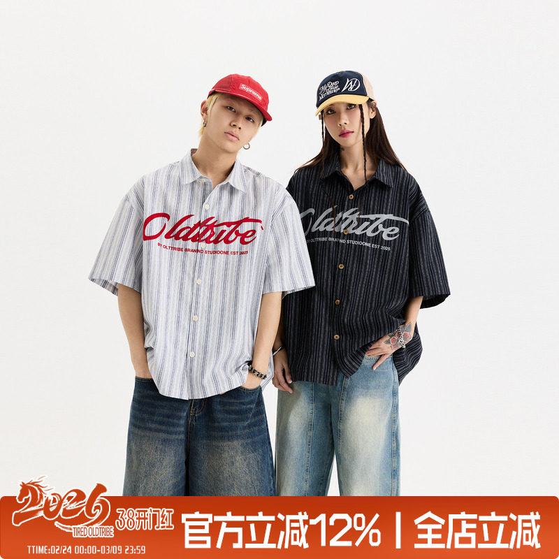 陈少熙同款TIRED美式棉麻Boxy短袖衬衫夏情侣宽松大码五分袖衬衣