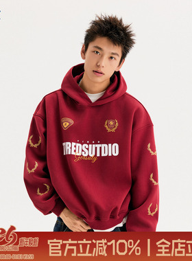 TIRED美式潮流侧缝口袋宽松连帽卫衣情侣短版套头衫街头休闲上衣