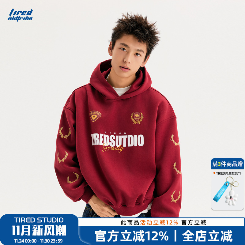 TIRED美式潮流侧缝口袋宽松连帽卫衣情侣短版套头衫街头休闲上衣