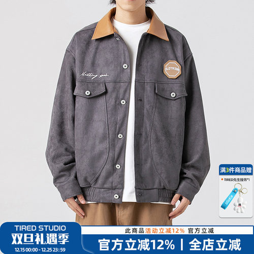 单行者翻领宽松贴标夹克