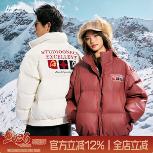 TIRED美式复古后背植绒印花保暖棉服外套冬季情侣款宽松加厚棉衣