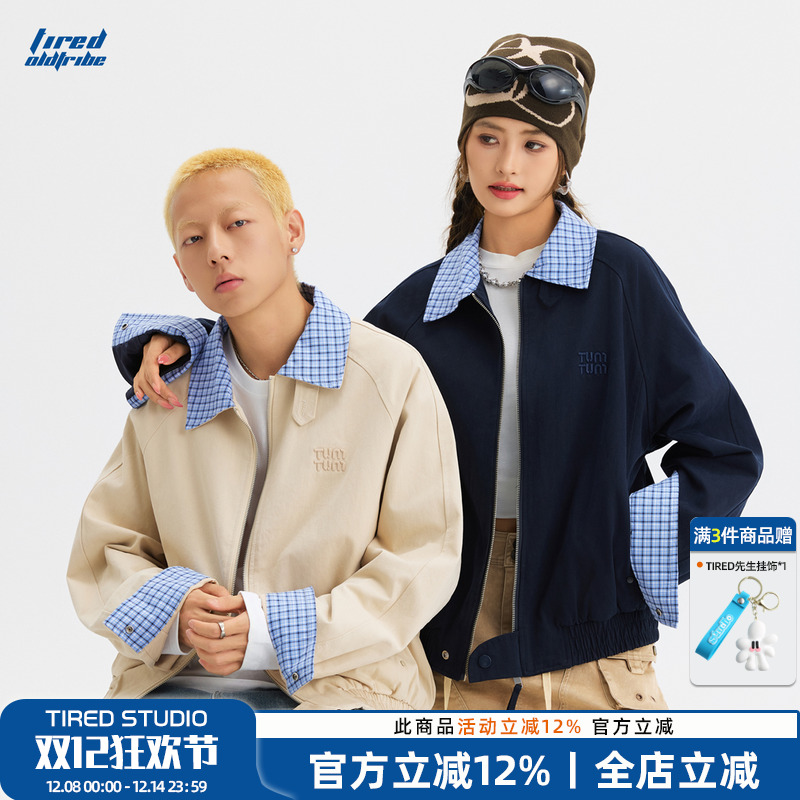 TIRED美式复古格子翻领夹克秋季
