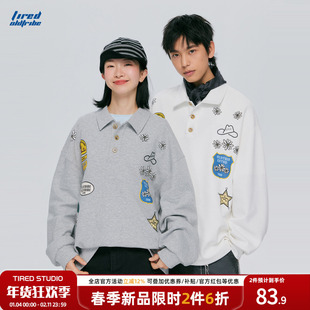 TIRED美式潮流贴画POLO衫春季情侣宽松翻领长袖卫衣百搭休闲上衣