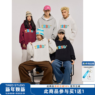 宽松上衣街头长袖 TIRED美式 潮流彩色字母印花连帽卫衣春秋情侣款