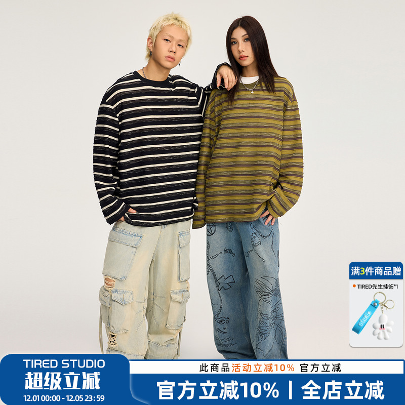 TIRED美式潮流条纹长袖t恤初秋情侣街头套头衫国潮打底衫百搭上衣