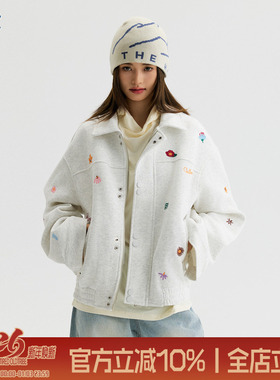 TIRED美式复古小刺绣夹克秋季情侣高级感宽松外套休闲翻领上衣潮