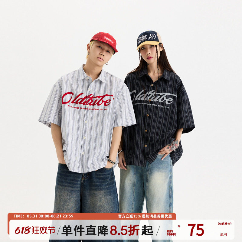 陈少熙同款TIRED美式棉麻Boxy短袖衬衫夏情侣宽松大码五分袖衬衣