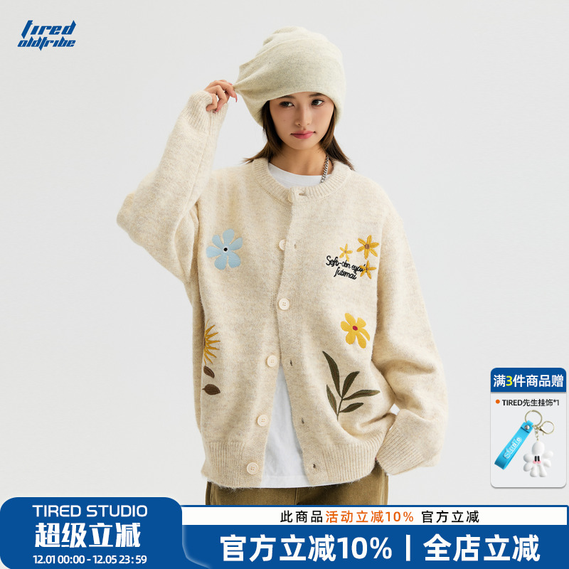 TIRED美式潮流花卉刺绣开衫毛衣