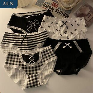AUN甜美少女新款内裤女黑白格子条纹蝴蝶结纯棉裆透气学生三角裤