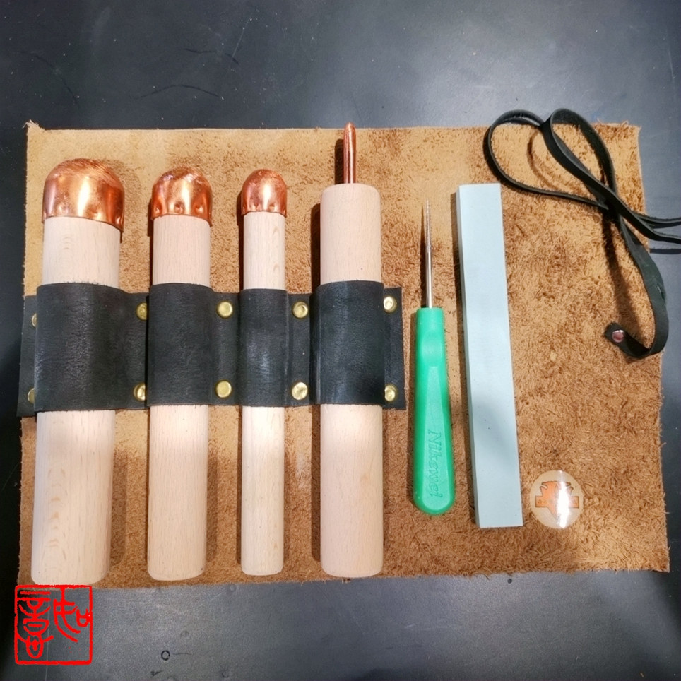 现货打制黑曜石刀真皮套包石器工具打石刀加铅紫铜锤间锤剑锤石刃