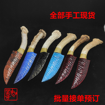 非遗手工打制石器现货黑曜石刀蛋白石鹿角柄压剥工艺礼品礼品摆件