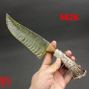 现货天然黑曜石刀黄琉璃鹿角柄爪子刀手工打制石器刀龙晶石刀M26