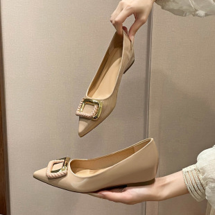 女 休闲百搭漆皮浅口通勤OL单鞋 内增高5cm裸色平底鞋 2026春夏新款