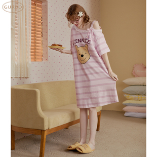 Gukoo/果壳维尼舒适夏季条纹短袖睡裙女性露肩家居睡衣女士