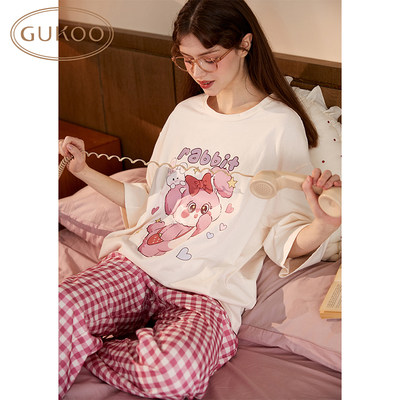 GUKOO/果壳春秋女士睡衣粉色兔子印花中袖格子宽松圆领家居服套装