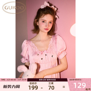 甜美连衣裙女士25新款 蕾丝睡裙女泡泡袖 家居服睡裙 果壳夏季 Gukoo