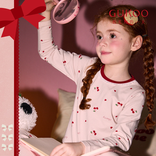 甜美风家居服套装 长裤 保暖内衣 果壳樱桃印花睡衣女童长袖 Gukoo