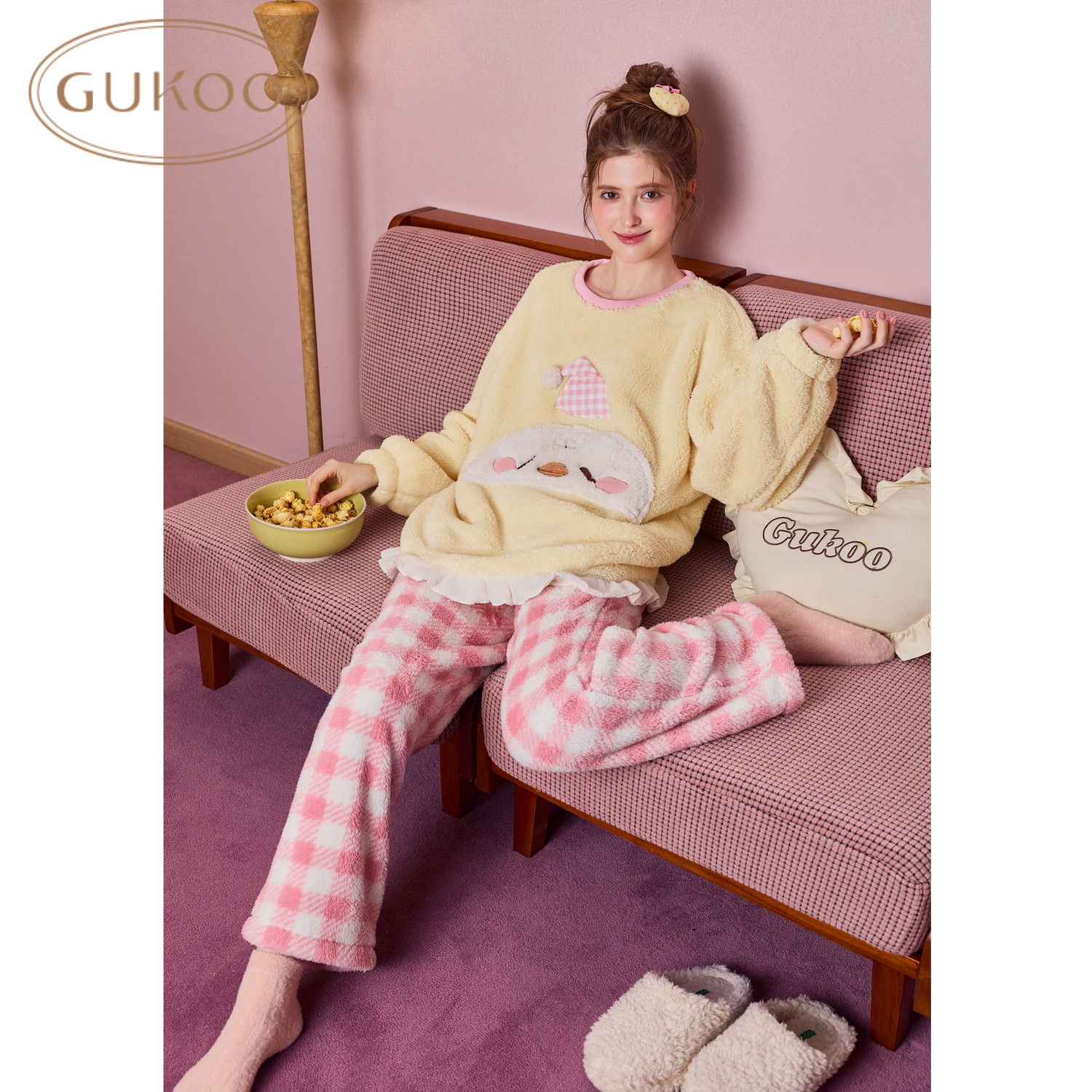 Gukoo/果壳女睡衣卡通动物珊瑚绒休闲可爱睡衣长袖居家服可外穿