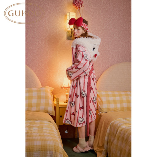 Gukoo/果壳睡袍女玛丽猫联名冬季毛绒保暖新款女家居服睡袍可外穿
