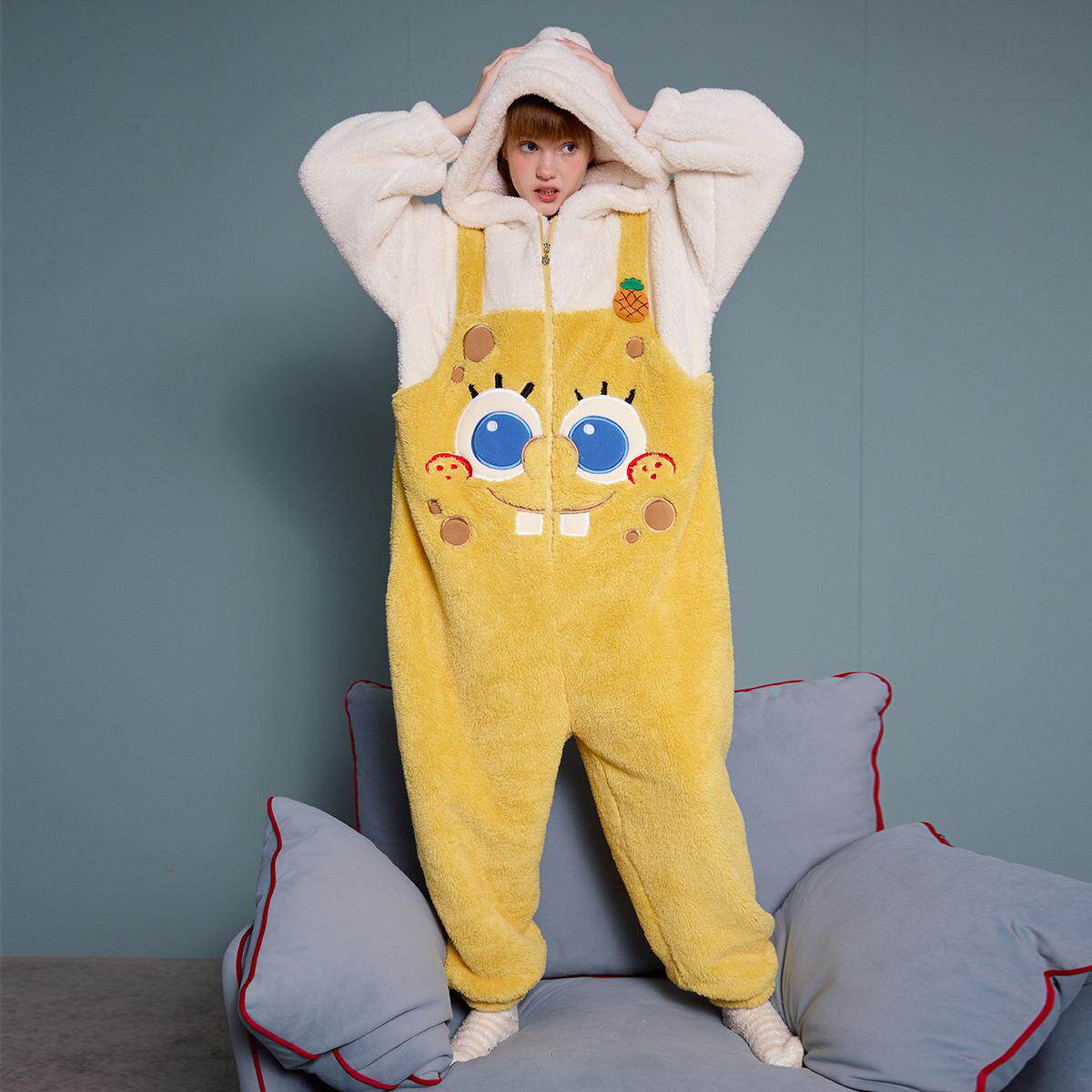 gukoo/yso果壳冬季女士睡衣连体加厚睡衣海绵宝宝家居服珊瑚绒