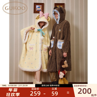 Gukoo/果壳情侣睡袍冬季珊瑚绒保暖迪士尼联名女睡袍家居服可外穿
