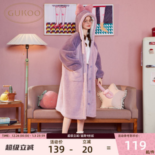 Gukoo 果壳连帽睡袍蝴蝶结保暖珊瑚绒加厚甜美舒适女家居服睡袍