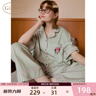 女居家服套装 米奇家族翻领春条纹短袖 可外穿 果壳睡衣26新款 Gukoo