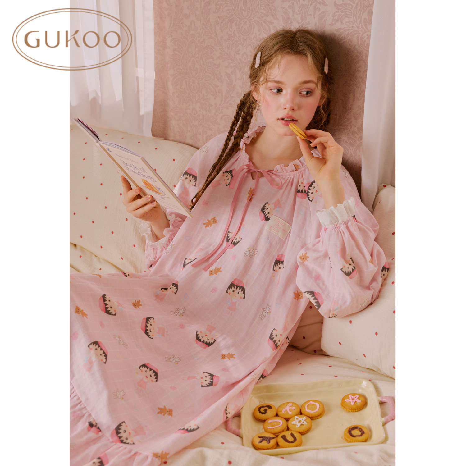 Gukoo/果壳樱桃小丸子卡通娃娃领睡裙26新款女春秋宽松荷叶边长袖