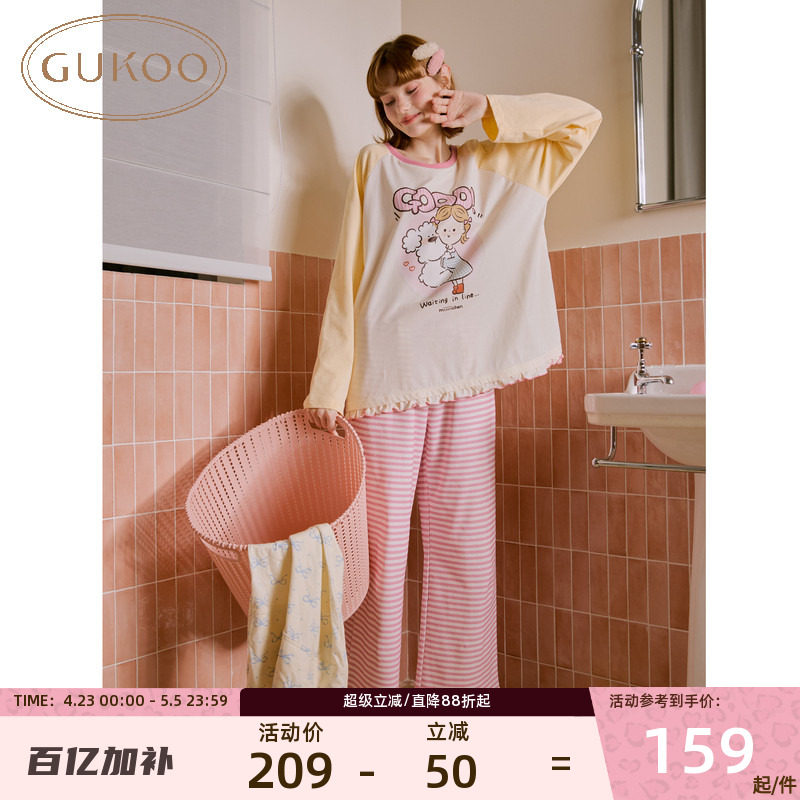 Gukoo/果壳春秋新款女睡衣卡通棉质圆领格纹长袖家居服可外穿