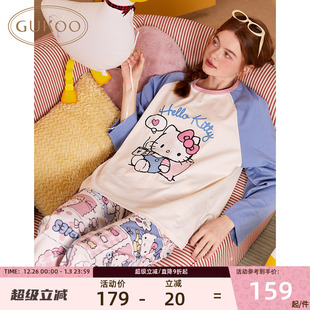 家居服 女睡衣kitty联名卡通棉质圆领格纹长袖 Gukoo 果壳春秋新款