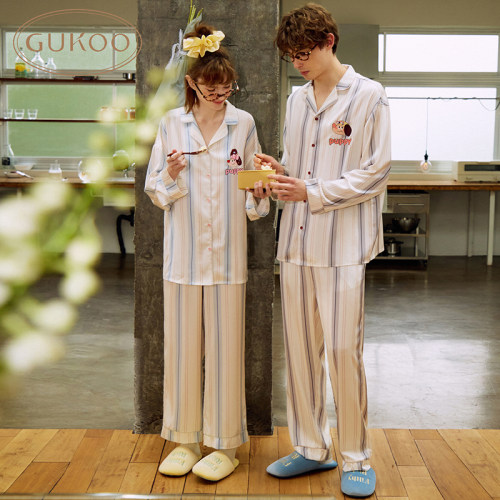 Gukoo/果壳情侣礼物睡衣女春秋长袖简约舒适高级感男士居家服套装