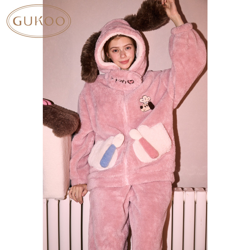 Gukoo/果壳睡衣冬季加厚保暖卡通女士连帽舒适加绒家居套装可外穿