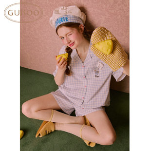 纯棉家居服套装 Gukoo果壳卡通格子睡衣女春季 敬请期待