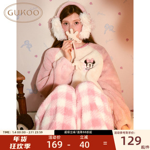 Gukoo/果壳卡通米妮珊瑚绒睡衣女秋冬加厚保暖可外穿家居服套装