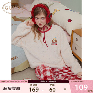 Gukoo 果壳新年睡衣女加厚圣诞冬长毛绒卡通红色女士家居服套装