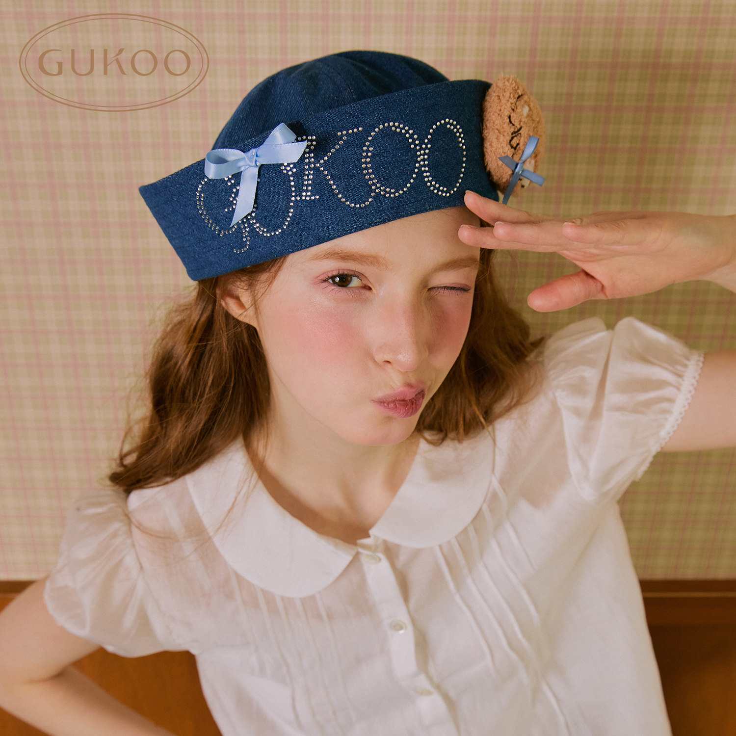 Gukoo/果壳甜美可爱风牛仔贝雷帽女春季蝴蝶结装饰蓝色帽子