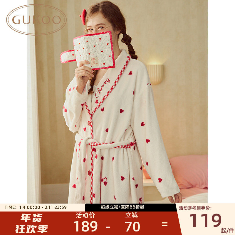 Gukoo/果壳睡袍珊瑚绒睡衣女秋冬加绒加厚浴袍晨袍新娘家居睡袍,女士内衣/男士内衣/家居服,睡衣/家居服套装,淘宝优惠券,粉丝福利购,淘宝优惠卷