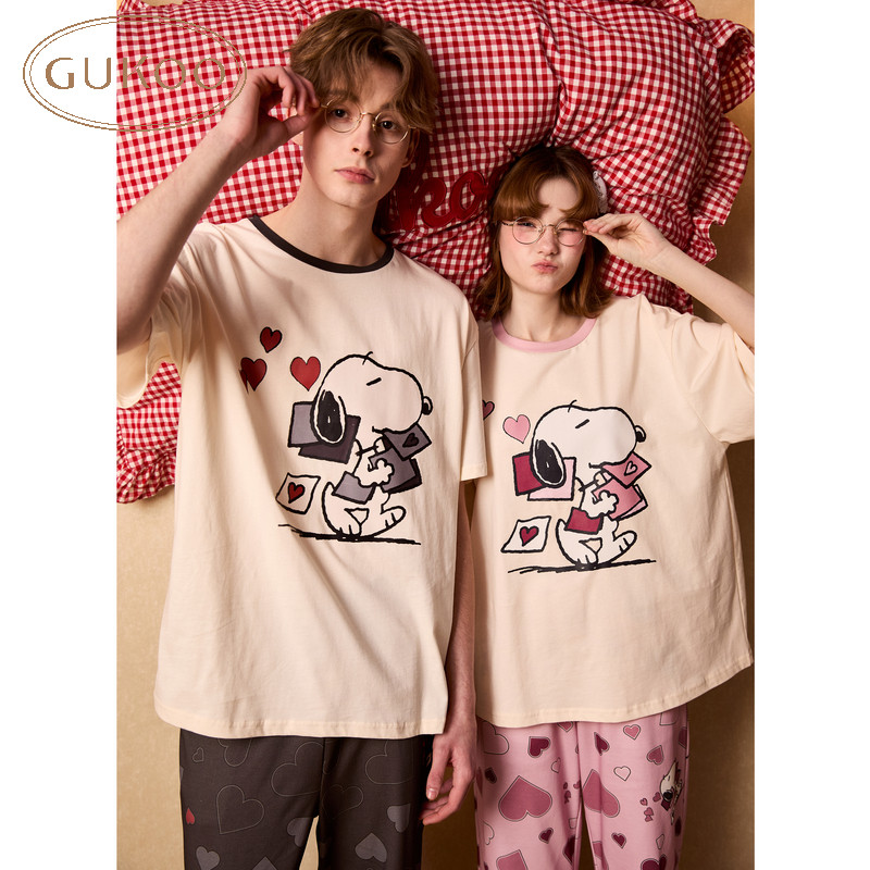 Gukoo/果壳睡衣情人节史努比亲肤春季圆领情侣卡通图案可外穿