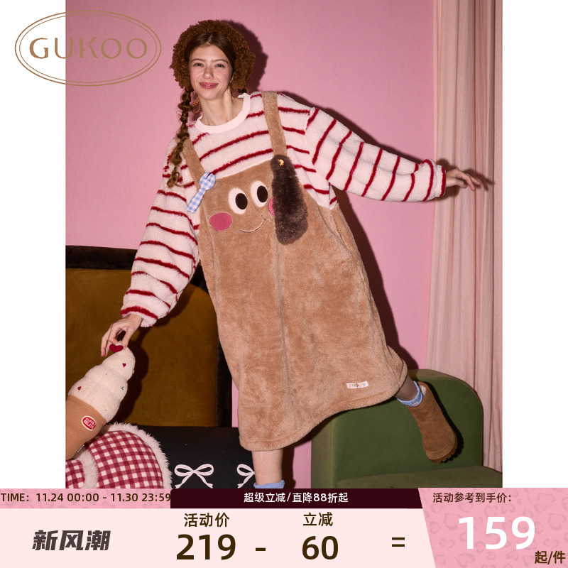 果壳睡裙卡通冬季圆领宽松珊瑚绒