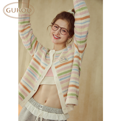 果壳睡衣女冬季半边绒条纹开衫