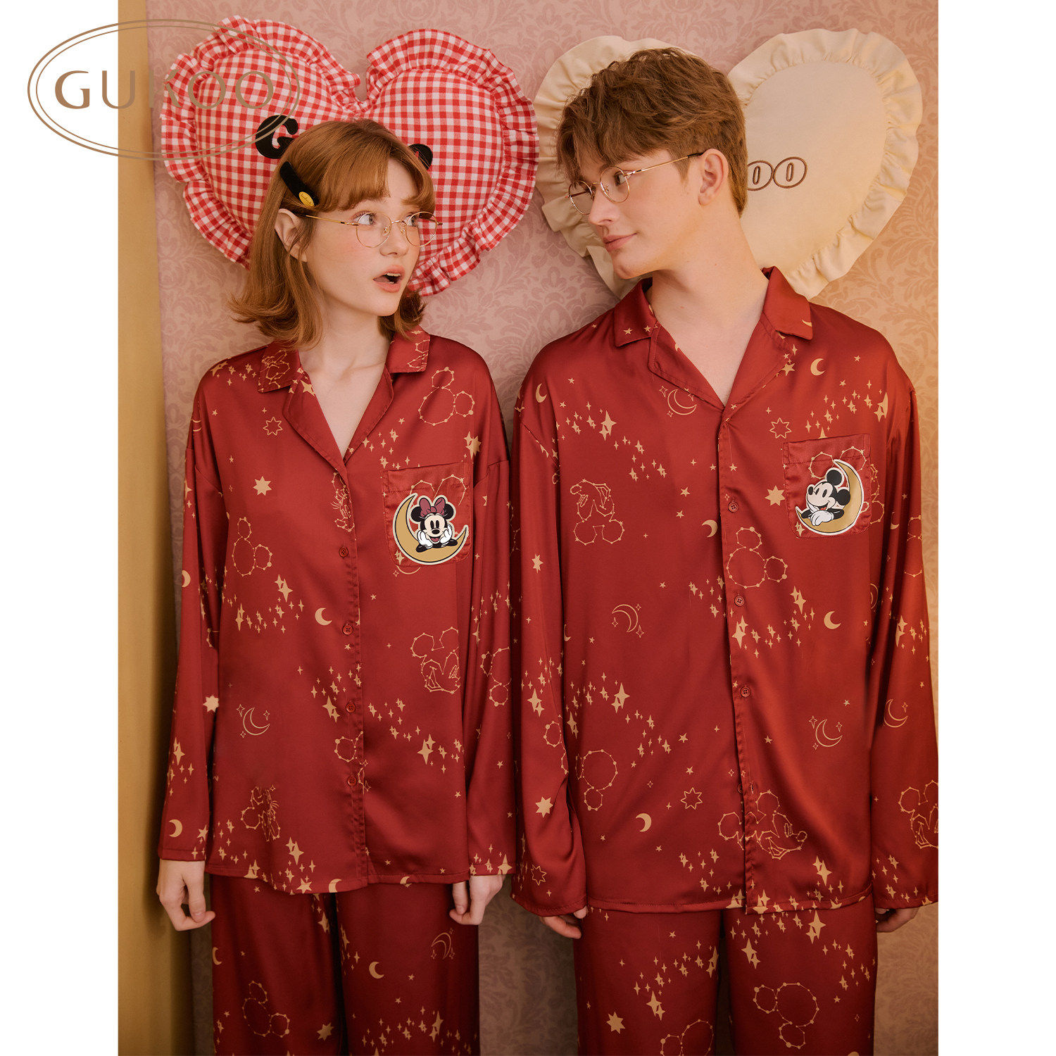 Gukoo/果壳情侣迪士尼系列结婚女春季红色本命年高档家居服男套装