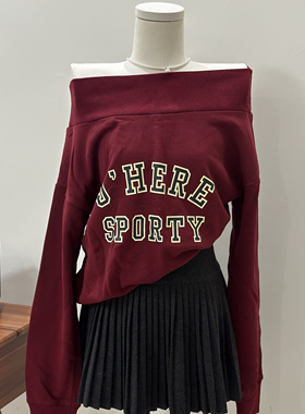 特价清仓一字领露肩字母印花长袖卫衣女宽松休闲百搭酒红上衣潮