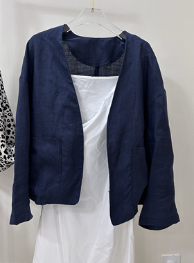 韩代新款韩系纯色简约V领苎麻外套藏青色洋气百搭气质上衣女现货