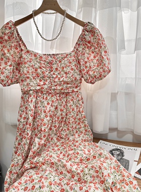 度假风韩系甜美大领显瘦碎花长款连衣裙泡泡袖短袖女装实拍夏