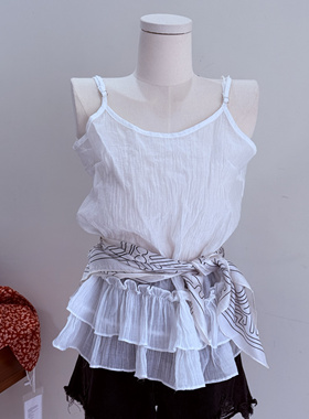 特价清仓韩国ins风白色荷叶边吊带无袖背心宽松显瘦百搭打底上衣